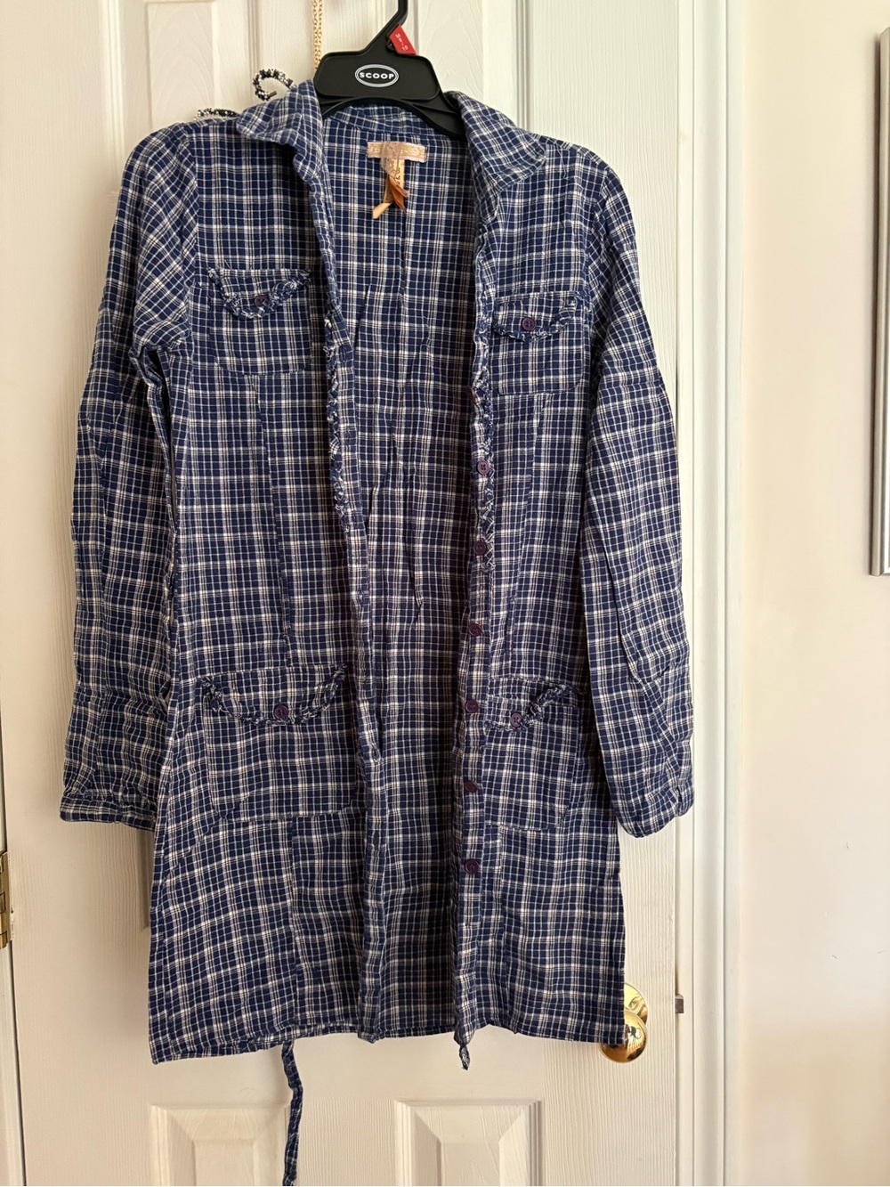 Andrew & Co Blue Plaid Long Shirt Jacket